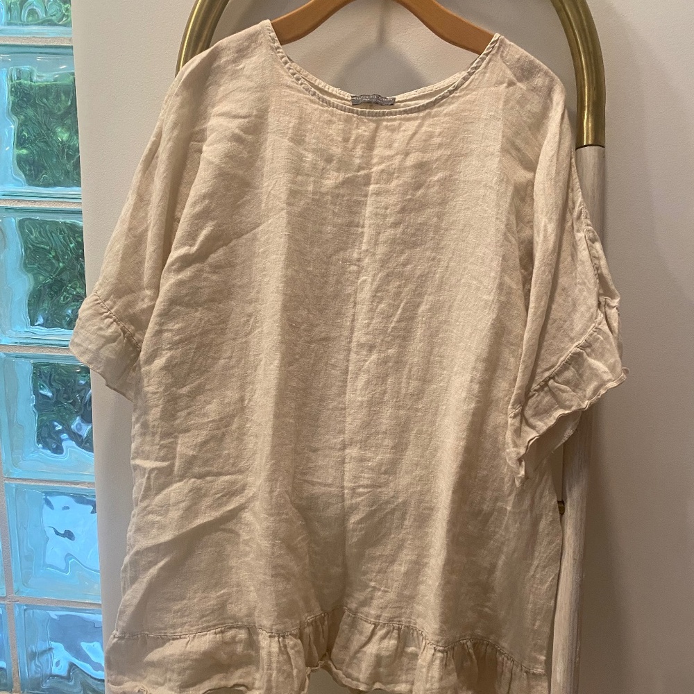 Piazza del Tempio Ruffled Oversized Short Sleeves Linen Blouse Top Tunic Size S